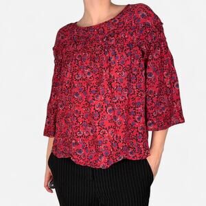 Gap red blue boho floral print blouse feminine ruffle three quarter sleeve flowy